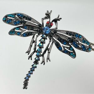 Blue Crystal Dragonfly Brooch Gunmetal Black Sparkle Insect Pin Vintage Style